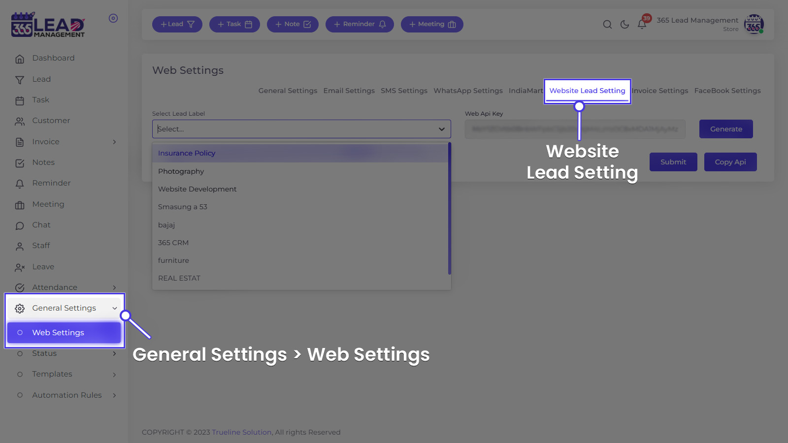 General Settings Web Settings Website Lead Setting